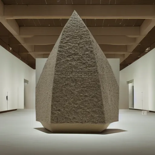 Image similar to single clay museum sculpture, cube pedestal, pyramidal symbolic representation, in a large hall, ambient lighting, museum catalog photograph