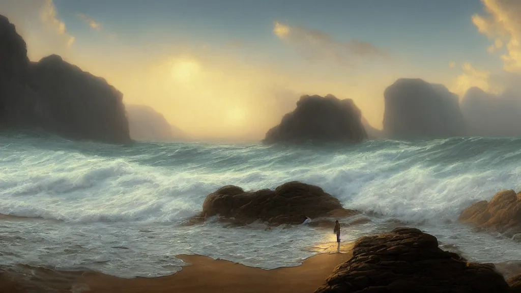 Image similar to first person view of breaking waves on the shore, summer, delicate fog, sea breeze rises in the air, by andreas rocha and john howe, and Martin Johnson Heade, featured on artstation, featured on behance, golden ratio, ultrawide angle, f32, well composed