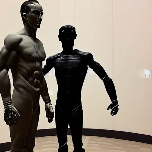 Prompt: “a realistic detailed photo of a guy who is an attractive humanoid who is half robot and half humanoid, who is a male android, college wrestler OSU Daton Fix, shiny skin, posing like a statue, blank stare, at the museum, on display”