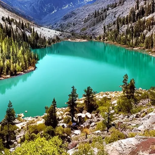 Prompt: beautiful lake in a valley in the sierra nevada mountains