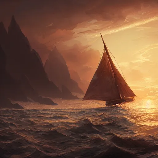 Image similar to sailing, sunset , highly detailed, illustration, fantasy art, in the style of greg rutkowski, epic, fantasy, intricate, hyper detailed, artstation, concept art, smooth, sharp focus, ray tracing