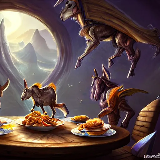 Image similar to ultrarealistic, ultradetailed, battle donkey eating breakfast, sitting on a futuristic table with aliens, at the end of the universe, very very very ultradetailed, epic fantasy style art, fantasy epic digital art, epic fantasy art, hearthstone style art