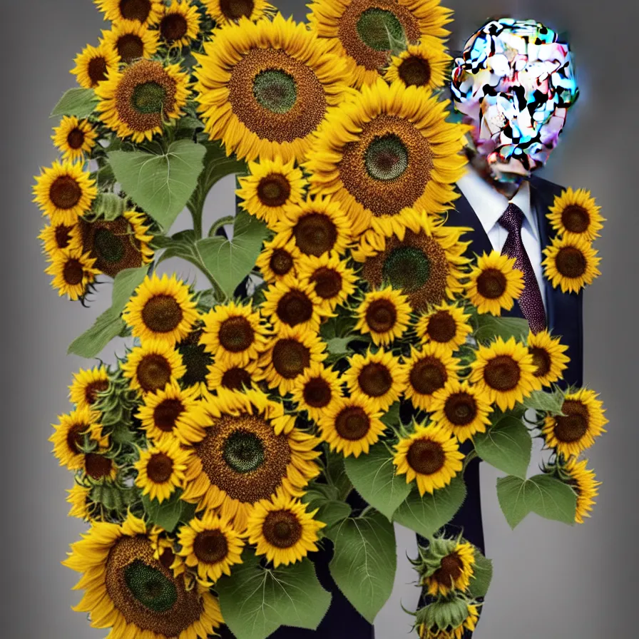 Image similar to photo portrait of Vladimir Putin - sunflowers - dressed in suit with intricate ornamental sunflower and tombstone for a tie, natural skin tone, highly detailed realistic flowers ornament in the upper side of breast, hair and wrinkles are intricate with highly detailed realistic flowers, elegant, Realistic, Refined, Highly Detailed, natural soft pastel lighting colors scheme, fine art photography by Cecil Beaton, volumetric lighting, hyper realistic photography