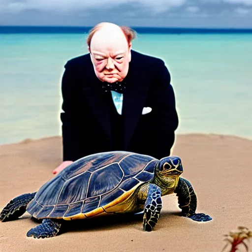 Prompt: An astonished Winston Churchill discovers the first turtle ever in Galapagos, national geographic, BBC, XF IQ4, f/1.4, ISO 200, 1/160s, 8K, RAW, unedited