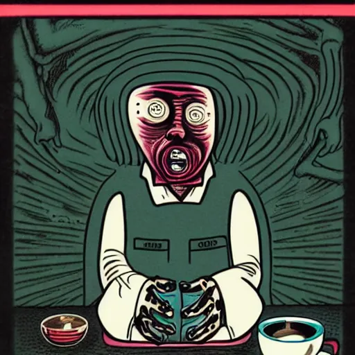 Image similar to vhs cover, 1 9 8 3, horror, coffee shop, espresso machine, barista with no eyes, designed by charles burns