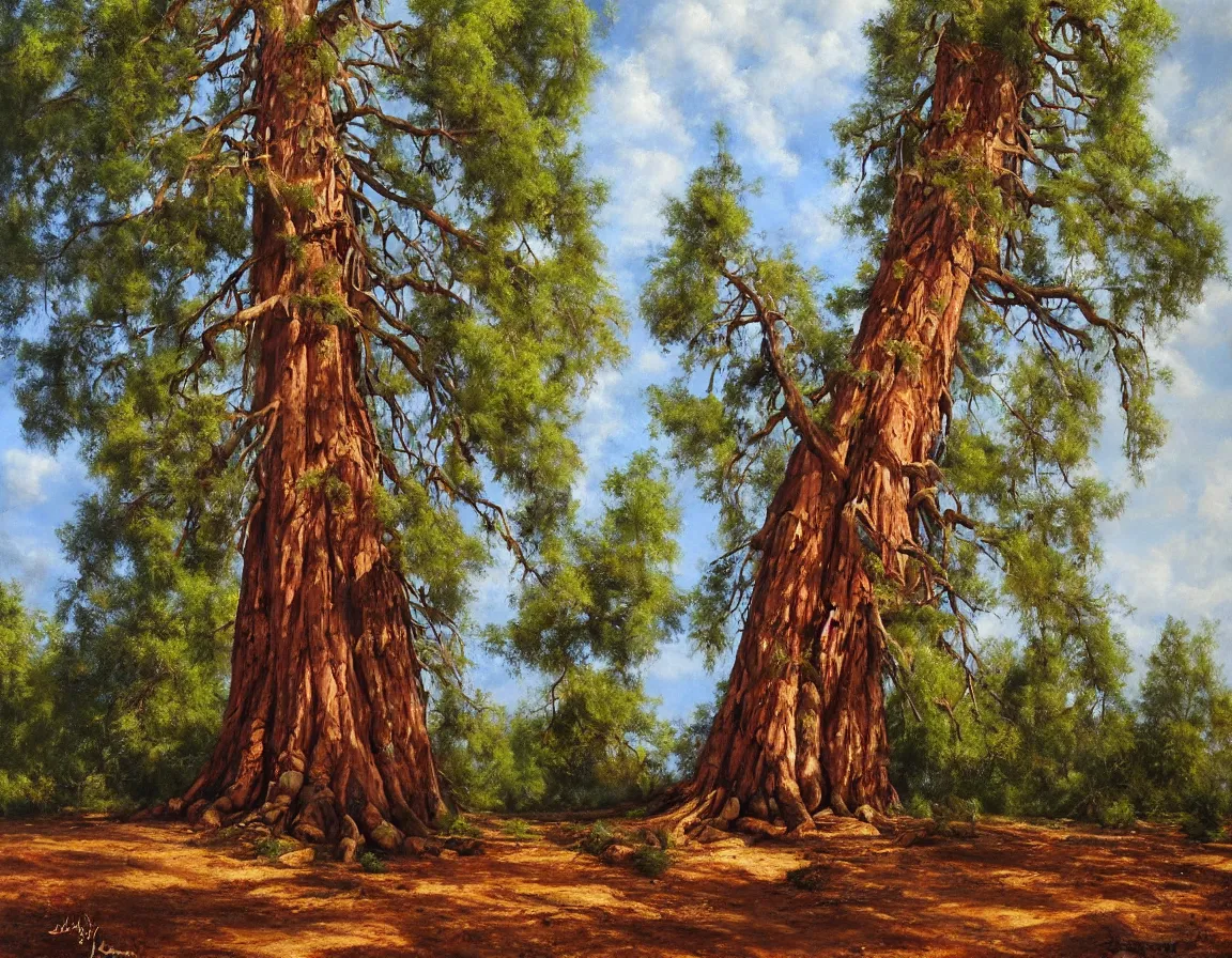Prompt: hyper realistic oil painting of sequoya tree, hd, hdr, by jan matejko, ultra detailed, high resolution