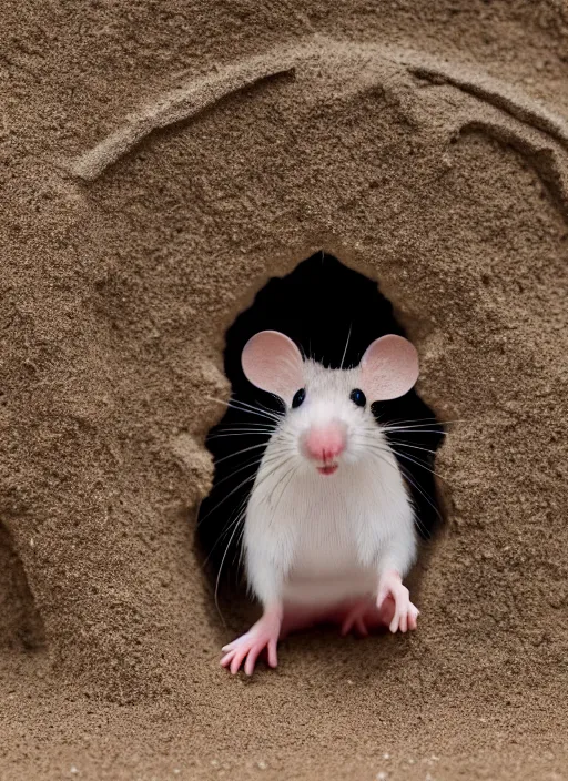 Image similar to dslr photo still of a mouse inside a sand castle, 8 k, 8 5 mm f 1. 4