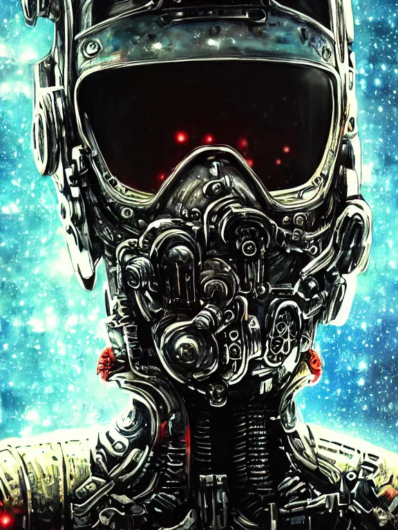 Image similar to portrait art of 8k ultra realistic retro futuristic zombie astronaut , galaxy reflected helmet , detailed intricate ornate armour,blade runner, cybernetic, full of colour, cinematic lighting, battered, trending on artstation, 4k, hyperrealistic, focused, extreme details,unreal engine 5, cinematic, masterpiece, art by ayami kojima, giger