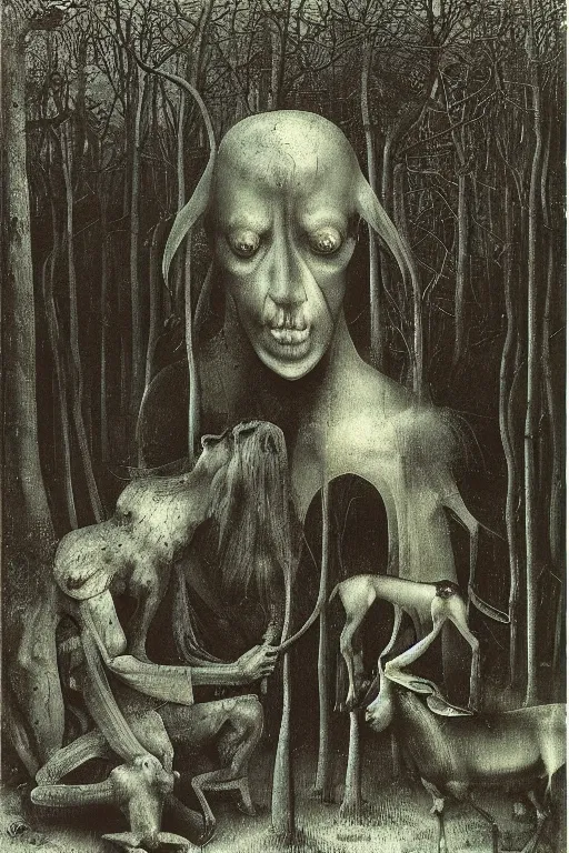 Image similar to zdzisław beksinski hieronymus bosch man with a goat head in the woods