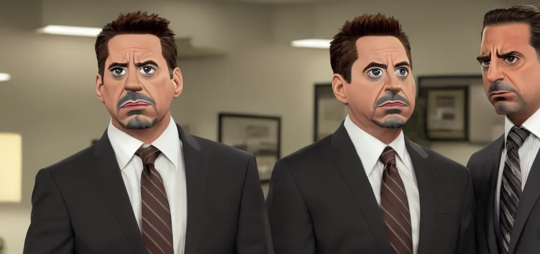 Image similar to a very high resolution image of tony stark with micheal scott. from an episode of the office. photorealistic, photography