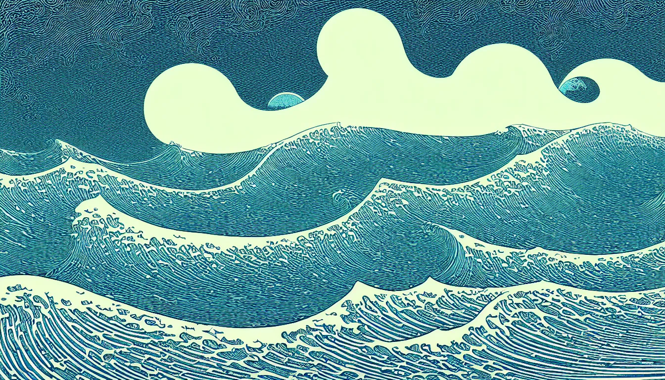 Image similar to waves visible from the beach by woodblock print, nicolas delort, moebius, victo ngai, josan gonzalez, kilian eng