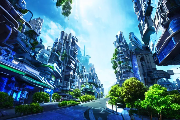 Prompt: a cinematic wideangle photograph of a utopian futuristic city street, green plants, blue sky, beautiful lighting, ultra realistic, movie still, futuristic utopia, ultra realistic