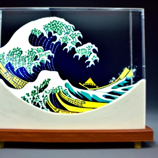 Image similar to carved diorama of the great wave off kanagawa made of marble with jade and gold insets