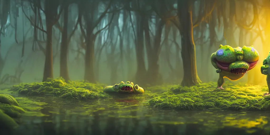 Prompt: of an intricate murky hazy swamp with strange cute pudgy creatures with long tongue, huge eyes and big nose appearing from the waters, in the style of jeff koons, macro lens, shallow depth of field, highly detailed, digital painting, trending artstation, concept art, illustration, cinematic lighting, vibrant colors, photorealism, epic, octane render