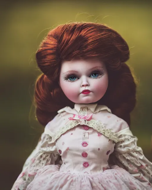 Image similar to high quality presentation photo of a cute Liza Simpsons porcelain doll in the style of mark ryden photography 4k, f1.8 anamorphic, bokeh, 4k, Canon, Nikon