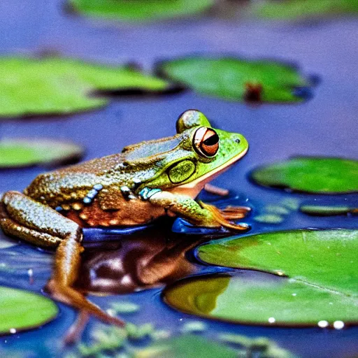 Image similar to close - up of a frog wearing a small crown, in the pond with water lilies, shallow depth of field, highly detailed, autumn, rain, bad weather, ominous, digital art, masterpiece, matte painting, sharp focus, matte painting, by isaac levitan, by monet, asher brown durand,