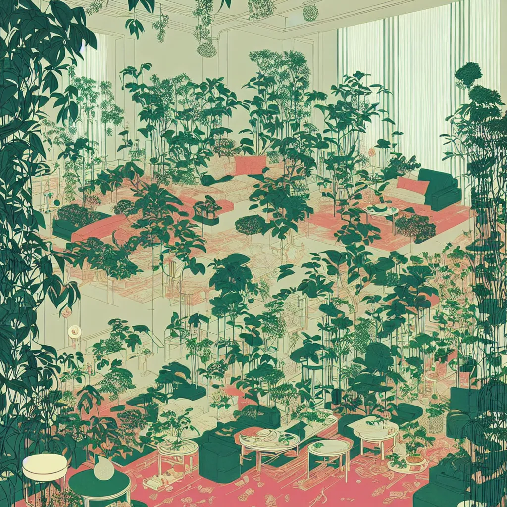 Image similar to luxury living room full of plants and trees by victo ngai