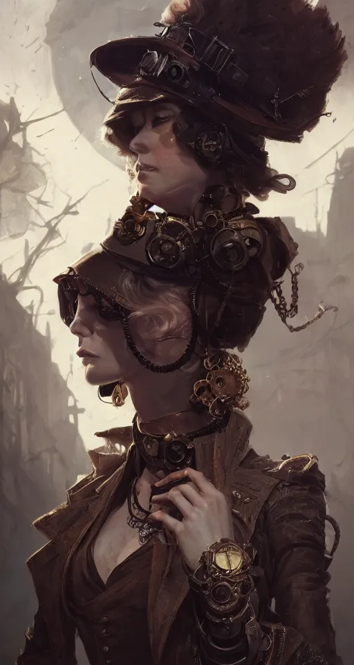 Image similar to A portrait of a women in the style of steampunk by Greg Rutkowski, Sung Choi, Mitchell Mohrhauser, Maciej Kuciara, Johnson Ting, Maxim Verehin, Peter Konig, Bloodborne, 8k photorealistic, cinematic lighting, HD, high details, dramatic, dark atmosphere, trending on artstation