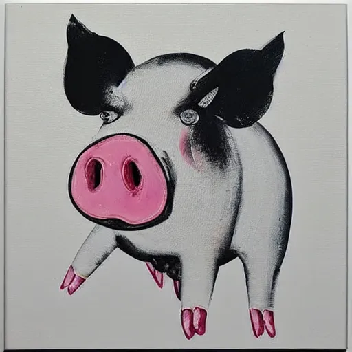 Image similar to “pig paintings and pig sculptures in a pig art gallery, pork, ikebana white flowers, white wax dripping, squashed raspberry stains, acrylic and spray paint and oilstick on canvas, by munch and Dali”