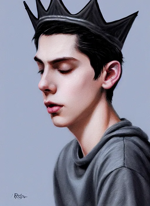 Image similar to portrait of teenage jughead jones wearing a light grey crown, photorealistic, crown, eyes closed, crown, black hair, intricate, elegant, glowing lights, highly detailed, digital painting, artstation, concept art, smooth, sharp focus, illustration, art by wlop, mars ravelo and greg rutkowski