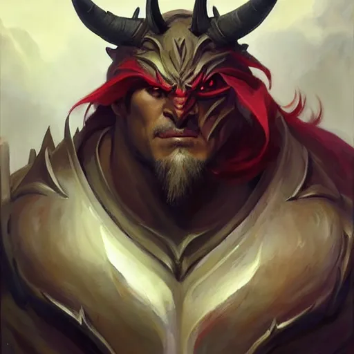 Prompt: Greg Manchess portrait painting of a large-horned demonic, devil armored character from league of legends, medium shot, asymmetrical, profile picture, Organic Painting, sunny day, Matte Painting, bold shapes, hard edges, street art, trending on artstation, by Huang Guangjian and Gil Elvgren and Sachin Teng