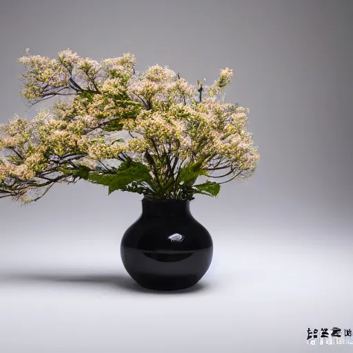 Image similar to a photo of 8k Ikebana in flower vase, ikenobo, ohararyu, sougetsu, wide angle, full body, sony a7r3, ultra detail, photorealistic, in simple background