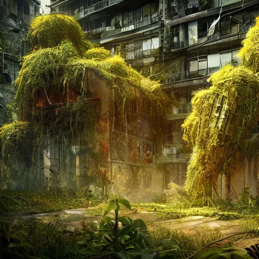 Image similar to overgrown foliage overtaking tall destroyed buildings, biopunk, scenery, professional, award - winning, trending on artstation, detailed, realistic, beautiful, emotional, shiny, golden, picture, antview, close - up