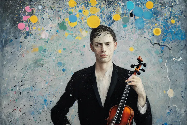 Prompt: portrait of a young violinist focusing and violin hanging in air painted by vincent lefevre and hernan bas and tracey emin and pat steir and hilma af klint, psychological, symmetrical face, dripping paint, washy brush, background with hundreds of bubbles by andreas gursky, rendered in octane, altermodern, masterpiece