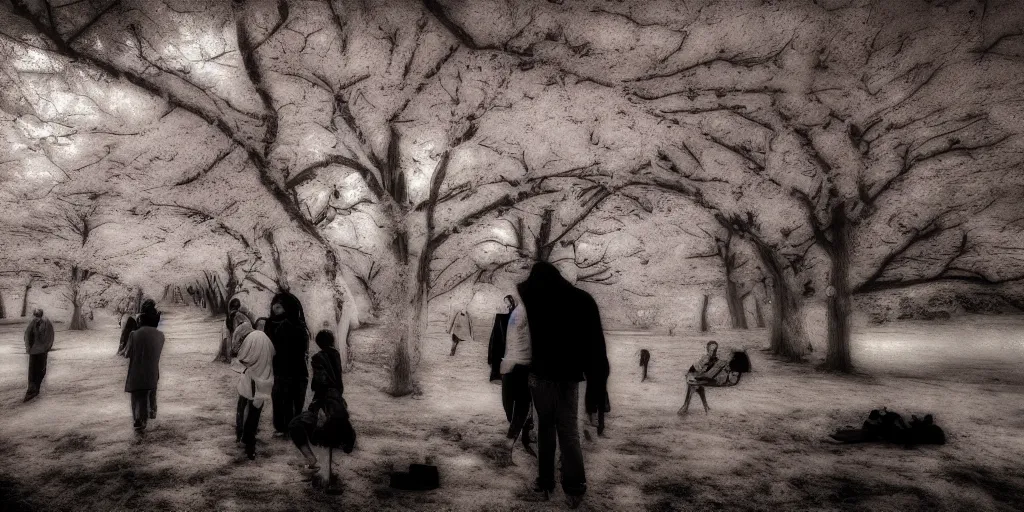 Image similar to love, groups of people in infrared, from behind, rebirth, wide angle, cinematic atmosphere, elaborate, highly detailed, dramatic lighting