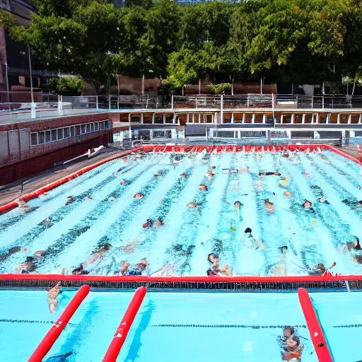 Image similar to highly detailed photo of a public pool filled with kimchi, trending on flickr