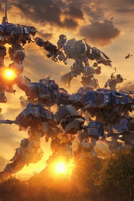 Prompt: mech warriors attack an idyllic english village, photo-realistic, golden hour, epic