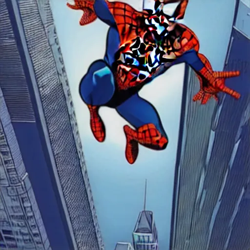 Image similar to illustration of spider man flying over the city, cartoon style Into the Spider-Verse, halftone, high detailed, wide epic angle W 1280