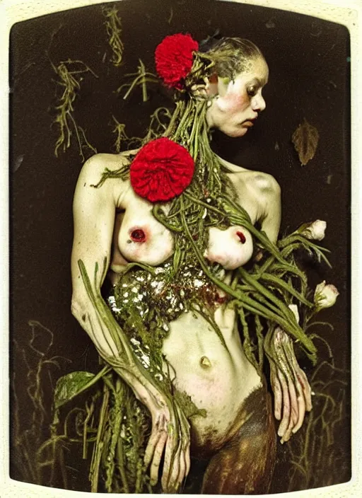 Image similar to beautiful and detailed rotten woman made of plants and many types of stylized flowers like carnation, chrysanthemum, roses and tulips, intricate, surreal, john constable, guy denning, gustave courbet, caravaggio, romero ressendi 1 9 1 0 polaroid photo