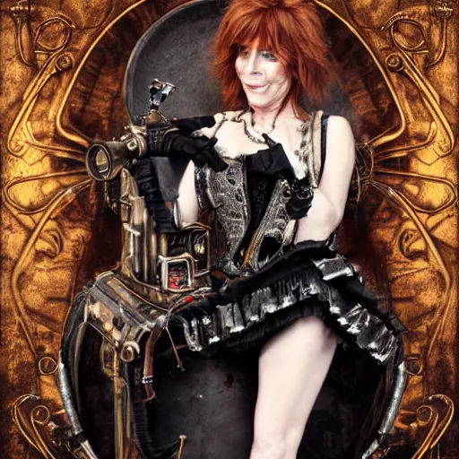 Prompt: a photography of mylene farmer as a steampunk queen by cedric peyravernay