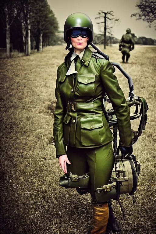 Prompt: 5 0 mm f 8 full body portrait photography of a retro future wwii airborne infantry soldier riding a futuristic motorcycle who's a mix of claire danes and liv ullmann with green eyes and very long striped hair, wearing an aaf wwii leather flying helmet and goggles, with green eyes, smirking, setting is wwii trenches, by jovana rikalo