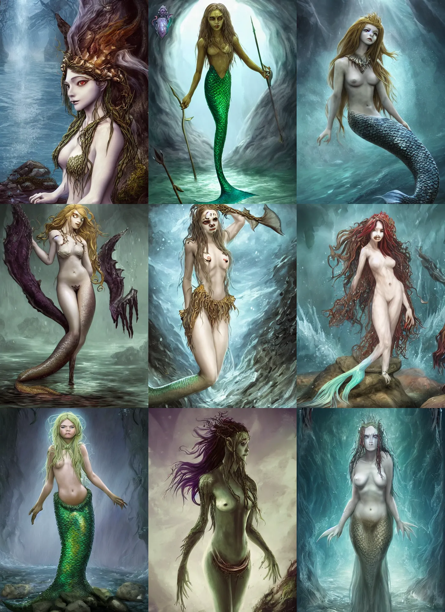 Prompt: a fantasy character mermaid at Proto-Slavic mythology. Is a kind of mischievous evil spirits, nasty and evil creatures, drowned girls who died near a reservoir, eyes burn with green fire, the lowest spirit of nature, the appearance of girls in transparent white clothes. Full body, detailed and realistic, 4k, top-artstation, inspired blizzard games, octane render