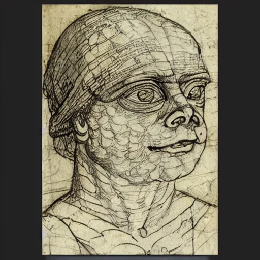 Image similar to ancient information about pepe drawn by leonardo davinci in papyrus paper, sketch, detailed, hyper realistic