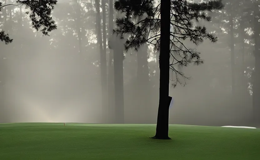 Image similar to augusta national, the masters, nr. 1 2, completely flooded, beautiful ambient light, stunning photography, fog, light rays