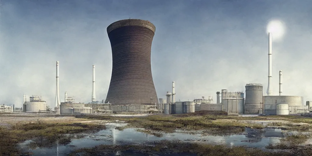 Prompt: clean and optimistic nuclear power plant, ruan jia, steve mccurry, ivan shishkin, studio ghibli