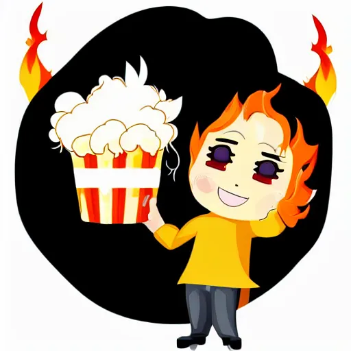 Image similar to vector anime chibi style character of a piece of fluffy popcorn with a smiling face and flames for hair, clean composition, symmetrical