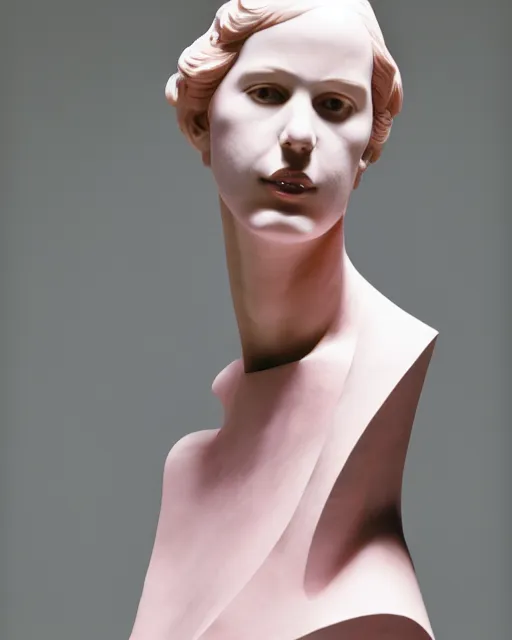 Image similar to a woman in a pink dress is posing for a photo, a marble sculpture by alexander mcqueen, featured on cg society, vorticism, genderless, androgynous, feminine