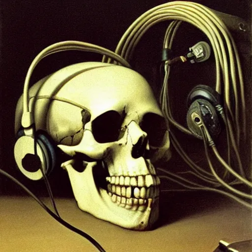 Prompt: a painting by Thomas Cole of a skull wearing headphones connected with many wires and coords to an old computer terminal, highly detailed