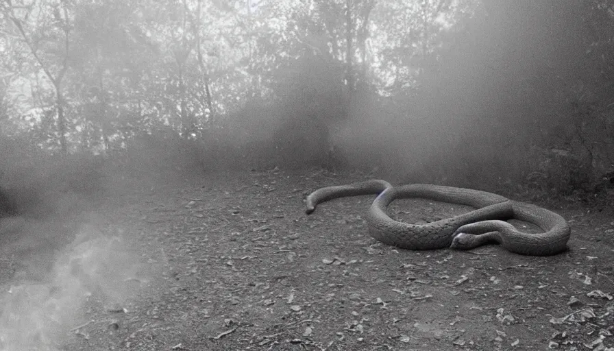 Image similar to a gigantic snake eating an old skinny man in a heavy burning kitchen, mini dv camera found footage, very very low quality picture, heavy grain, caught on security camera, heavy jpeg artifact, night vision very blurry, caught on trail cam, 1 4 4 p, ultra wide lens