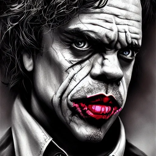 Image similar to peter dinklage as the joker, digital painting, extremely detailed, 4 k, intricate, brush strokes, mark arian, artgerm, bastien lecouffe - deharme