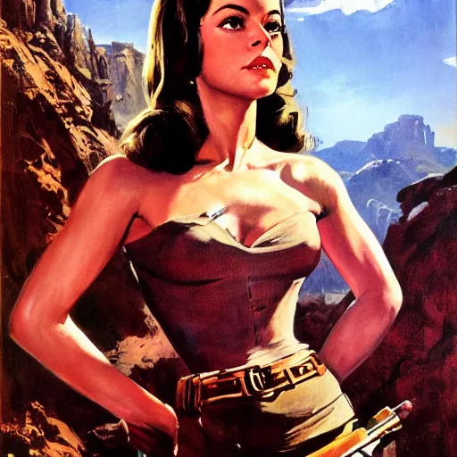 Prompt: ultra realistic portrait painting of natalie wood as a western outlaw, art by frank frazetta, 4 k, ultra realistic, highly detailed, epic lighting.