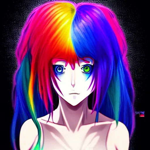 Image similar to a woman with rainbow hair and rainbow glowing eyes, anime, fantasy art, professional art, artstation, high detail