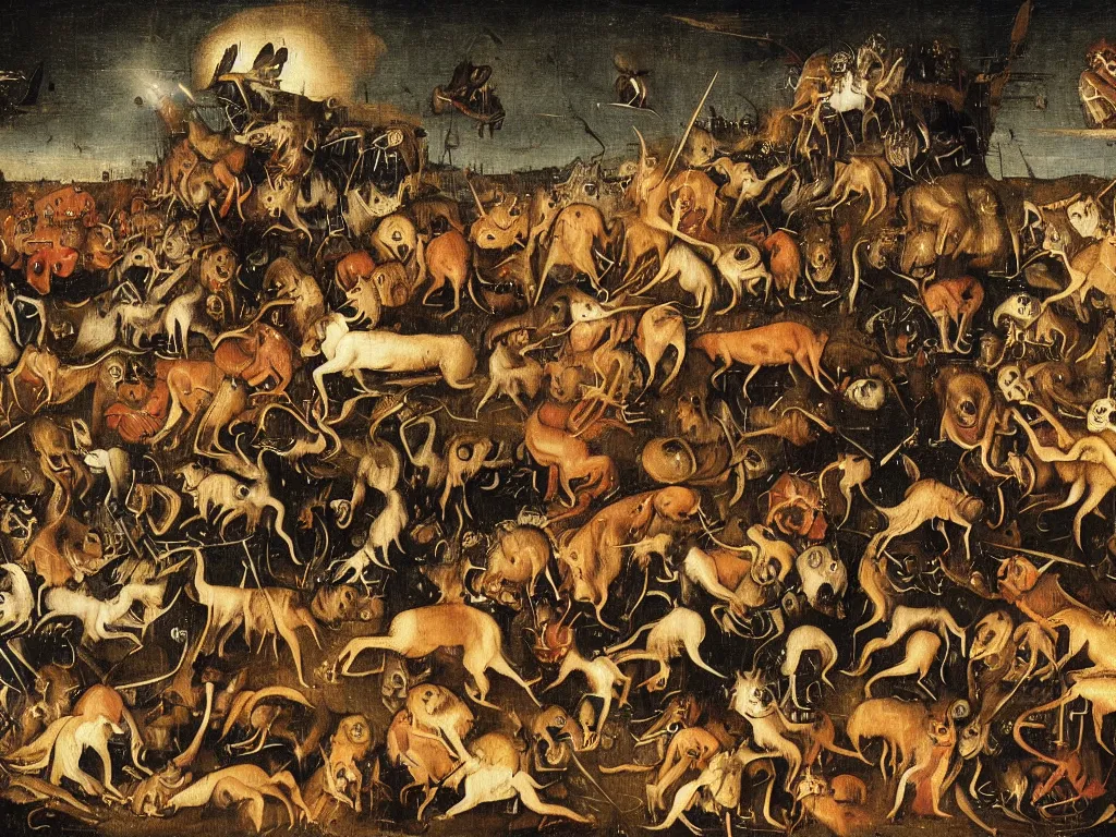 Image similar to dogs in a moshpit at a metal festival jumping and growling at each other, by hieronymus bosch, very wild, cool lighting at sunset, very detailed, concept art