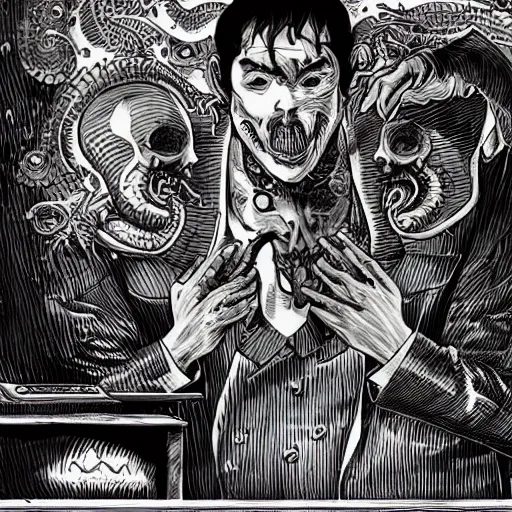 Image similar to Cthulhu as a modern day business man with a family and a drug and gambling addiction, necronomicon is the family Bible , Junji Ito and Greg rutkowski, psychedelic , 50s style infomercial , award winning , retro futuristic