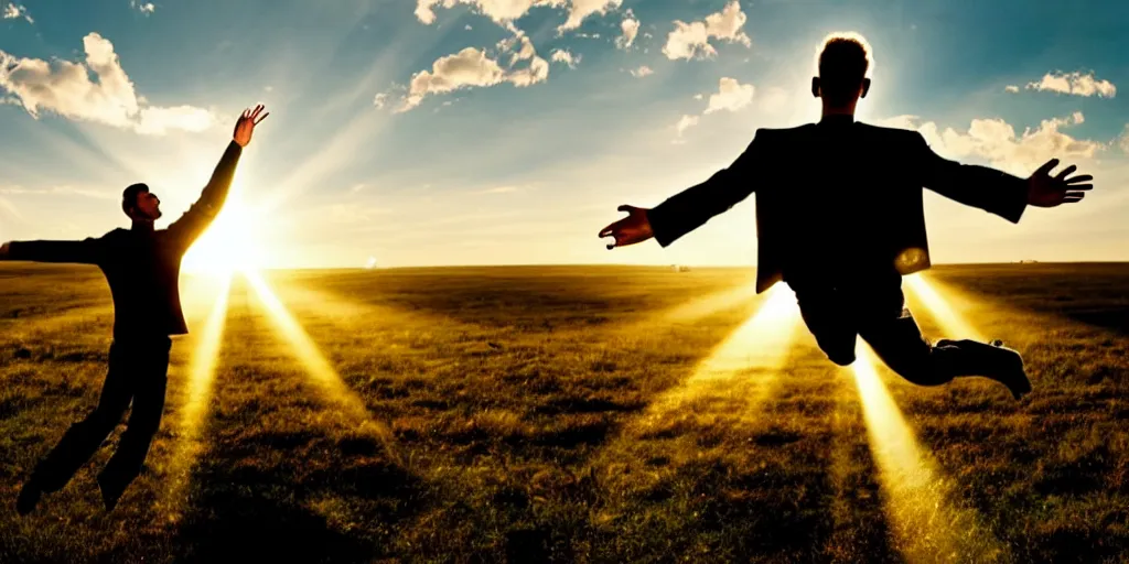 Prompt: a man is levitated by a sunbeam