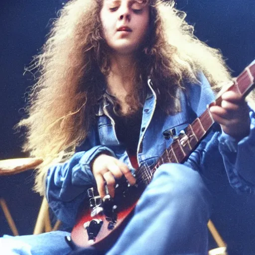 Image similar to 19-year-old girl wearing double denim, thick shaggy hair, permed hair, holding electric guitar, 1971, proto-metal concert, live at Royal Albert Hall, concert lighting